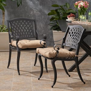 Estella Antique Matte Black Removable Cushions Aluminum Outdoor Patio Dining Chair with Tuscany Cushion (2-Pack)