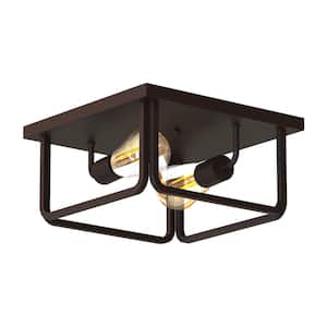 Fulton Essential 12 in. 14-Watt 2-Light Bronze Industrial Square Cage Flush Ceiling Light, Bulbs Included