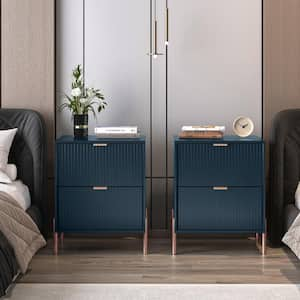 Modern Accent Navy 2-Drawers 20 in. W Nightstand with Stylish Rose Gold Metal Handle (Set of 2)