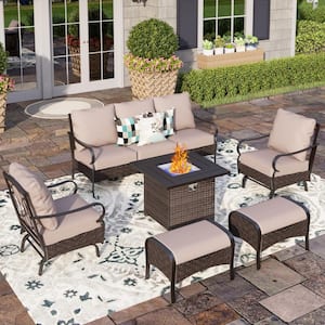 Black Rattan 6-Piece Steel Outdoor Patio Conversation Set with Beige Cushions & Square Wicker Fire Pit Table