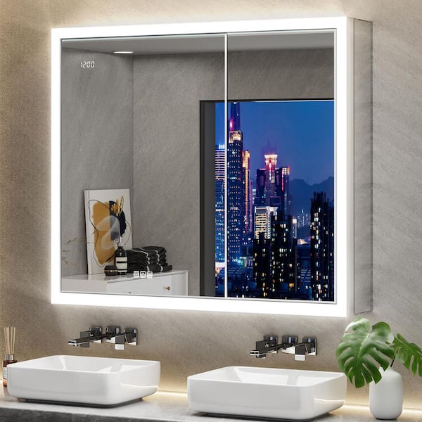 QueenFun Elega 36 in. W x 30 in. H Rectangular Aluminum Recessed/Wall Mount Dimmable Fogless Lighted Medicine Cabinet with Mirror