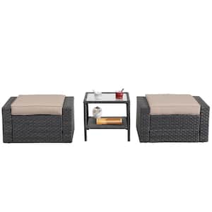 3 Piece rattan Wicker Outdoor Ottomans with Glass Coffee Table with Beige Cushion for patio, pool, garden, porch