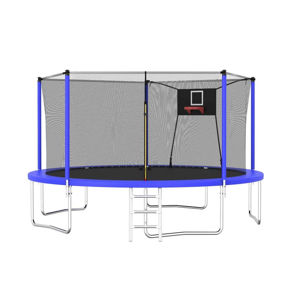 14 ft Blue Round Outdoor Trampoline with Enclosure Net and Ladder