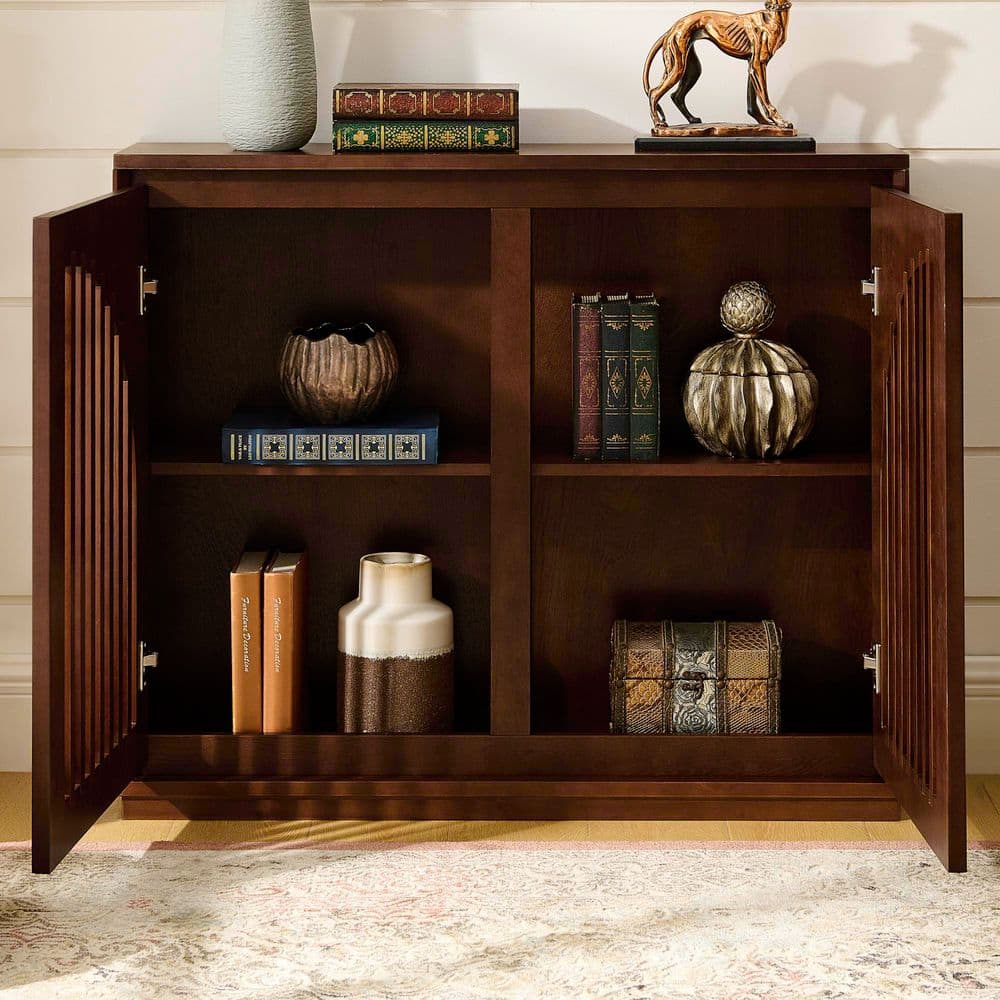 Leander Modern Dark Walnut 32.6 in. H Fluted Wood Sideboard Cabinet with Shelves, 2-Door and 2 Outlet Holes price history on PriceWatchPro