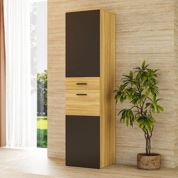2-Tone Oak and Black 70.8 in. Accent Cabinet Office Storage Cabinet with 6 Shelves