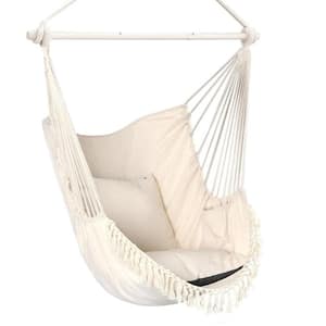 4 ft. Portable Bohemian Hanging Hammock Chair with Cushion and Steel Spreader Induded in Creamy White