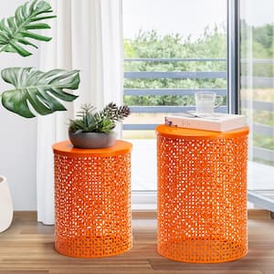 Multi-Functional Metal Orange Garden Stool or Planter Stand or Accent Table or Side Table (Set of 2)