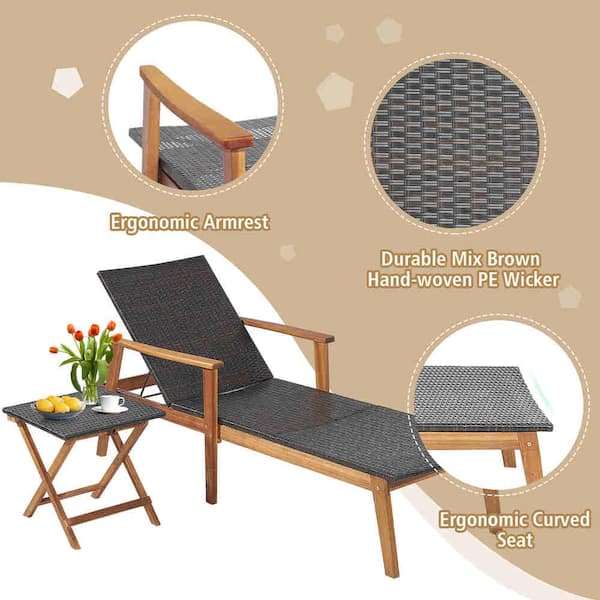 2-Pieces Outdoor Patio Rattan Lounge Chair Chaise Recliner Wood Back Adjust with Folding Table