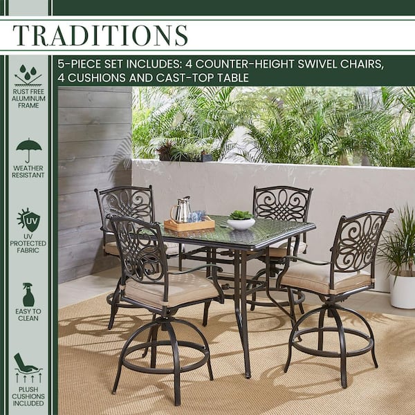 Hanover Traditions 5 Piece Aluminum Outdoor High Dining Set With Tan Cushions 4 Sling Swivel Chairs And Square Cast Top Table Traddn5pcsqbr The Home Depot - How To Clean Patio Furniture Slings