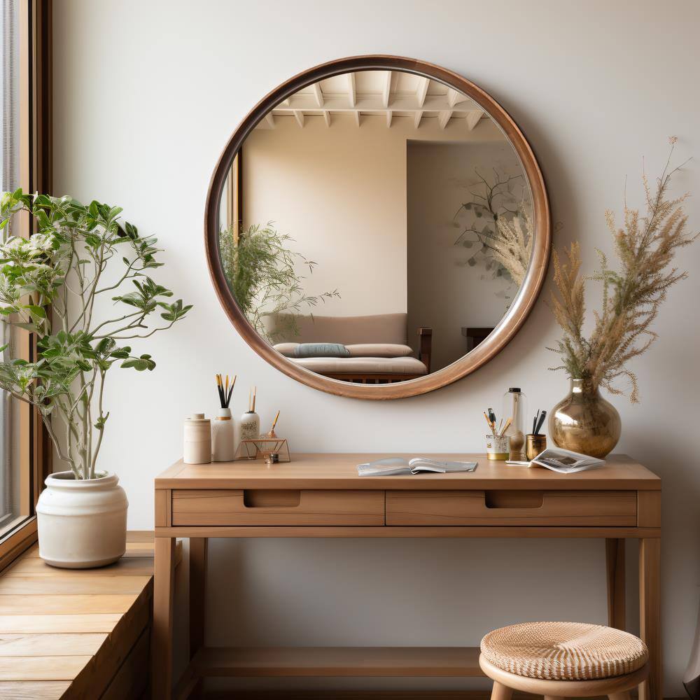 Natural Rubberwood Frame Round Wall Mirror