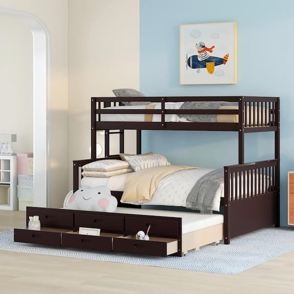 Polibi Espresso Twin-Over-Full Bunk Bed with Twin Size Trundle, Separable Bunk Bed with Drawers for Bedroom