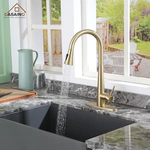 Single Handle Pull Down Sprayer Kitchen Faucet with Three-function Pull Out Sprayer Head in Brushed Gold