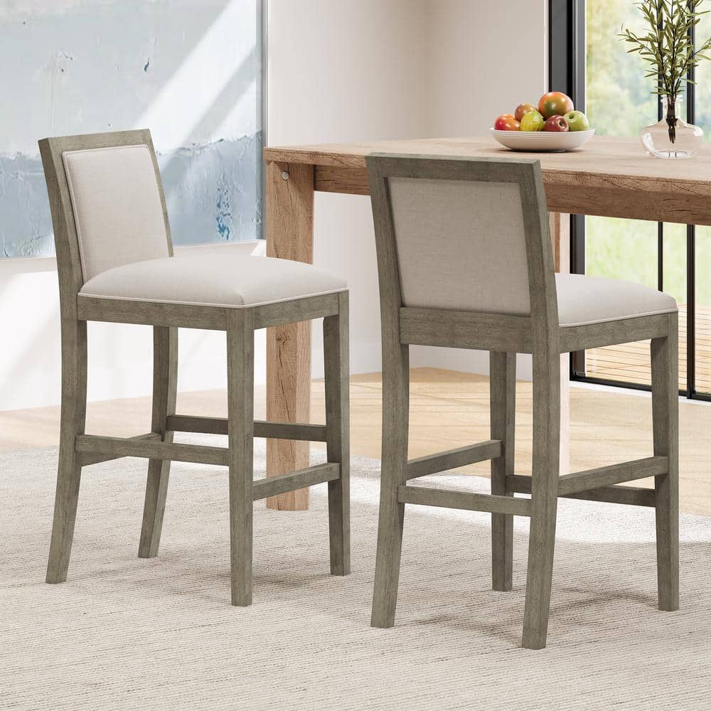Kyrren Grey and Beige Upholstered Wood Counter Stools, Set of 2