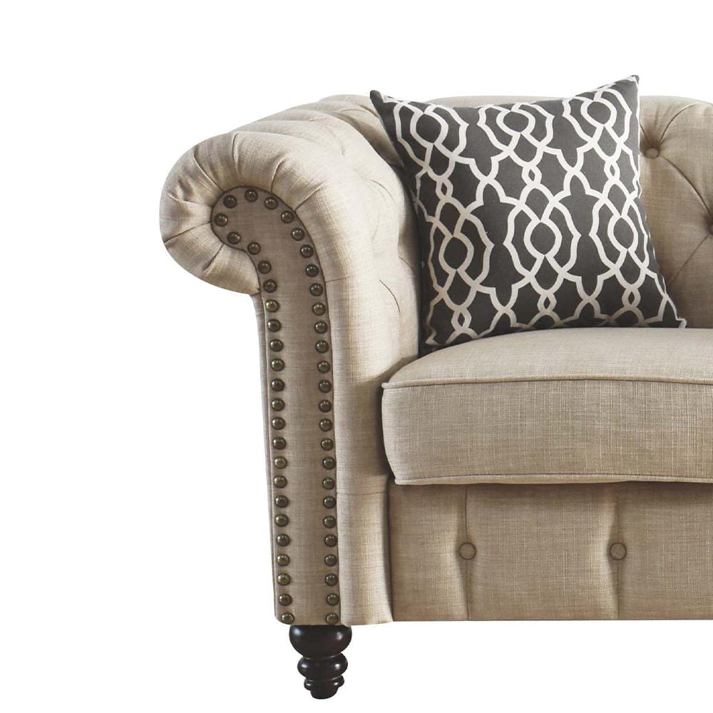 Beige Linen Tufted Loveseat with Nailhead Trim