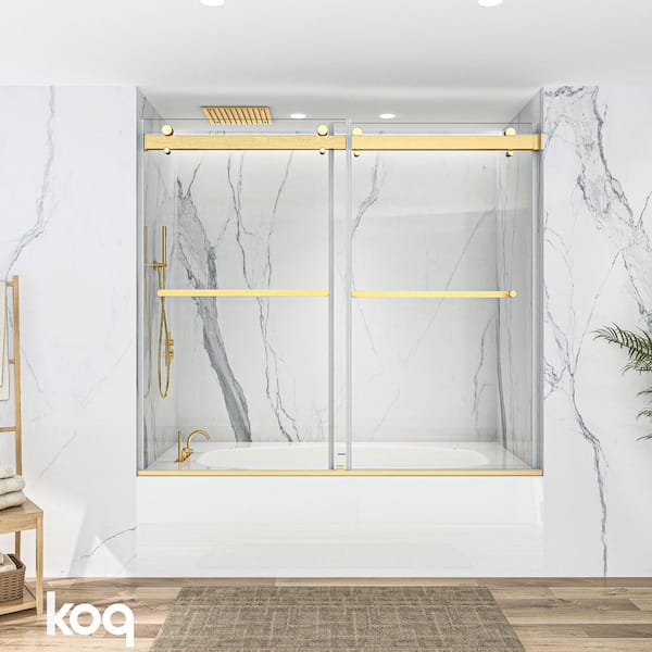 60 W x 60 in. H Soft Closing Double Sliding Frameless Tub Door in Brushed Gold Finish w/ 3/8 in. Clear Tempered Glass