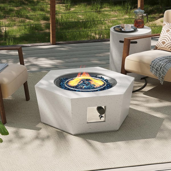UPHA 41 in. 50,000 BTU Off-white Hexagon Polygon Terrazzo Outdoor Propane Gas Fire Pit Table with Propane Tank Cover
