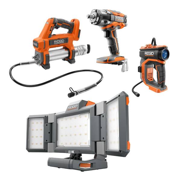 Ridgid 18V Cordless 3-Tool Combo Kit with Grease Gun, Impact Wrench and Inflator (Tools Only) with Hybrid Folding Panel Light R92162SB2N-R8694221B