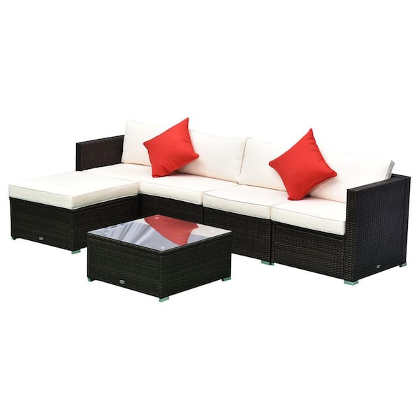 FORCLOVER 6-Piece Wicker Patio Conversation Set with White Cushions and Throw Pillows