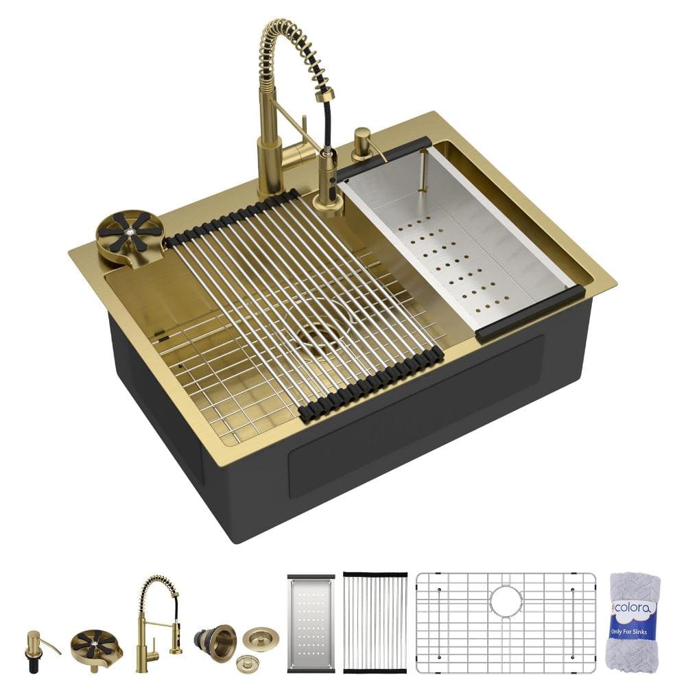 "28"" Gold Drop-In Workstation Kitchen Sink, 16 Gauge Stainless Steel, Single Bowl Sink with Cup Washer & Faucet" price history on PriceWatchPro