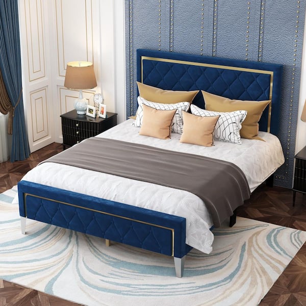 Blue Wood Frame Queen Size Panel Bed with Tufted Headboard, Gold Trim, Slats Support and Velvet Upholstered Finish