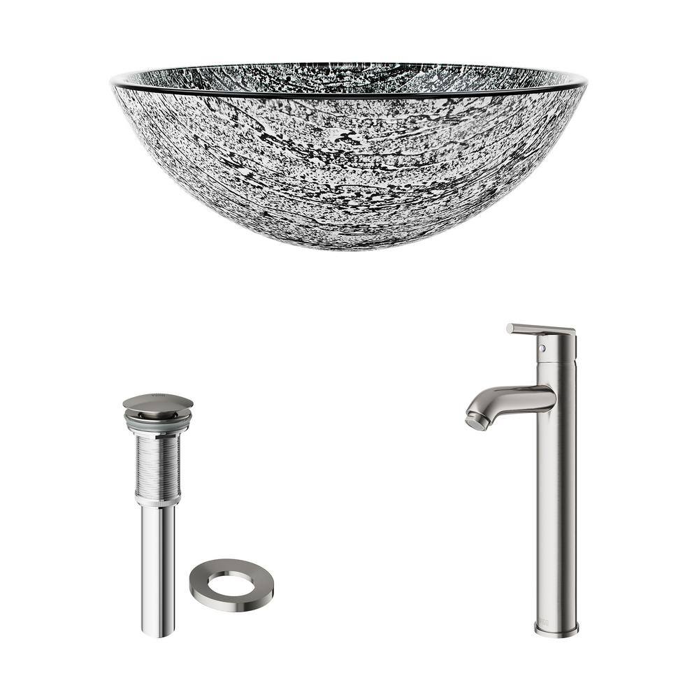 Slate Gray Round Glass Vessel Sink with Brushed Nickel Faucet