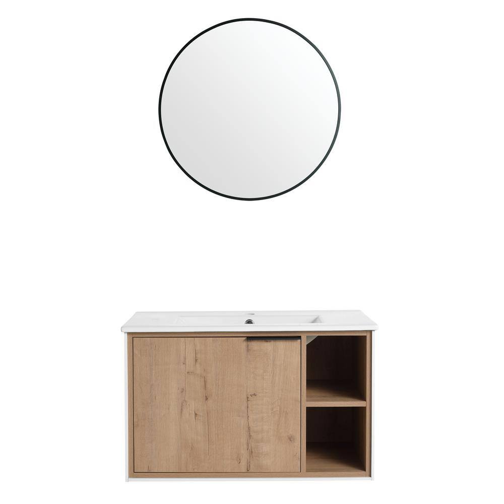 30 in. Imitative Oak Floating Wall Mounted Single Vanity with Ceramic Top