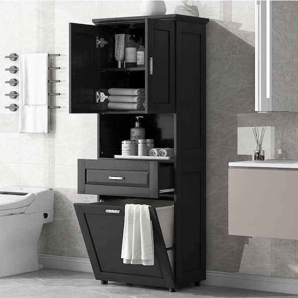 24.7 in. W x 16.3 in. D x 70 in. H Black Freestanding Linen Cabinet with Laundry Basket and Tilt-Out Laundry Hamper