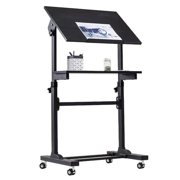 24 in. Black Mobile Stand-Up Desk, Portable Podium and Presentation Lectern Height-Adjustable Multi-Purpose Workstation