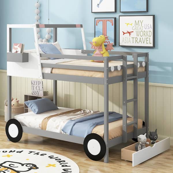 Qualler Gray Twin over Twin Car-Shaped Bunk Bed