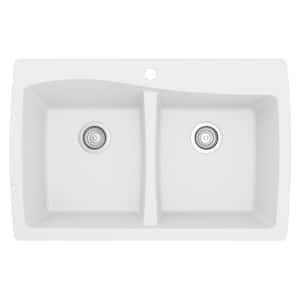 Drop-In Quartz Composite 34 in. 1-Hole 50/50 Double Bowl Kitchen Sink in White