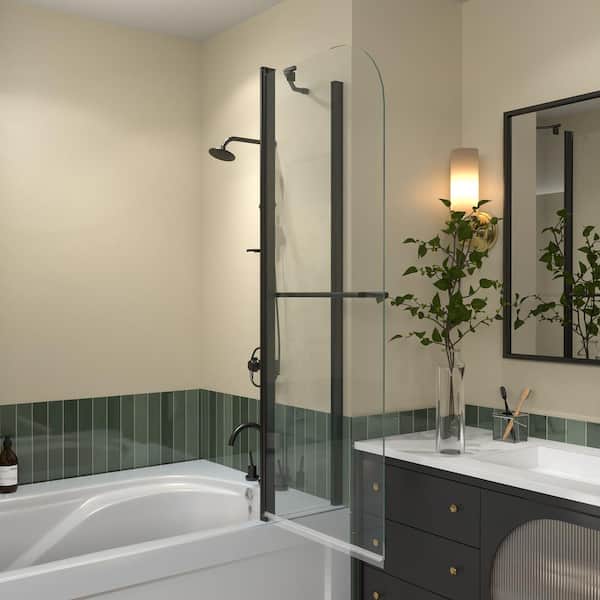Sarlai 36 in. W x 58 in. H Fixed Frameless Foldable Tub Door in Black with Clear Glass and Towel Bar