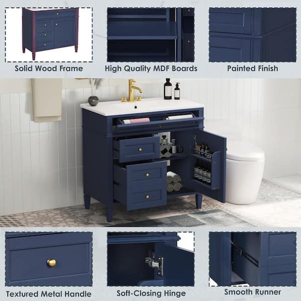 meeブラウン36 Magic Home 36 in. Blue Bathroom Vanity with White Ceramic