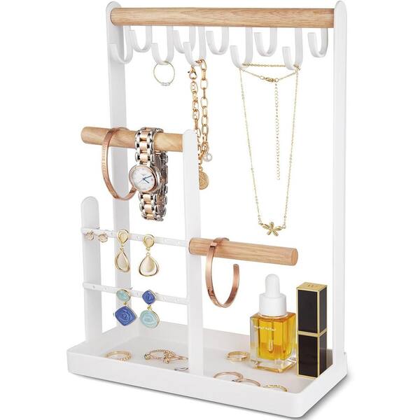 4 Tier Necklace Storage Rack with Ring Tray Small Cute and Beautiful Jewelry Tower Storage Rack Tree White YYM9DSK The Home Depot