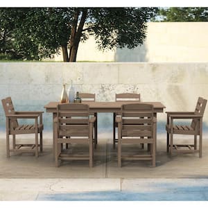 HDPE 7-Piece Plastic Rectangle Standard Height Outdoor Dining Set in Brown