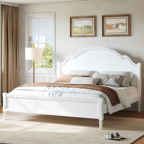 Iro Modern White Wood Frame King Size Platform Bed with Curved Headboard and Footboard