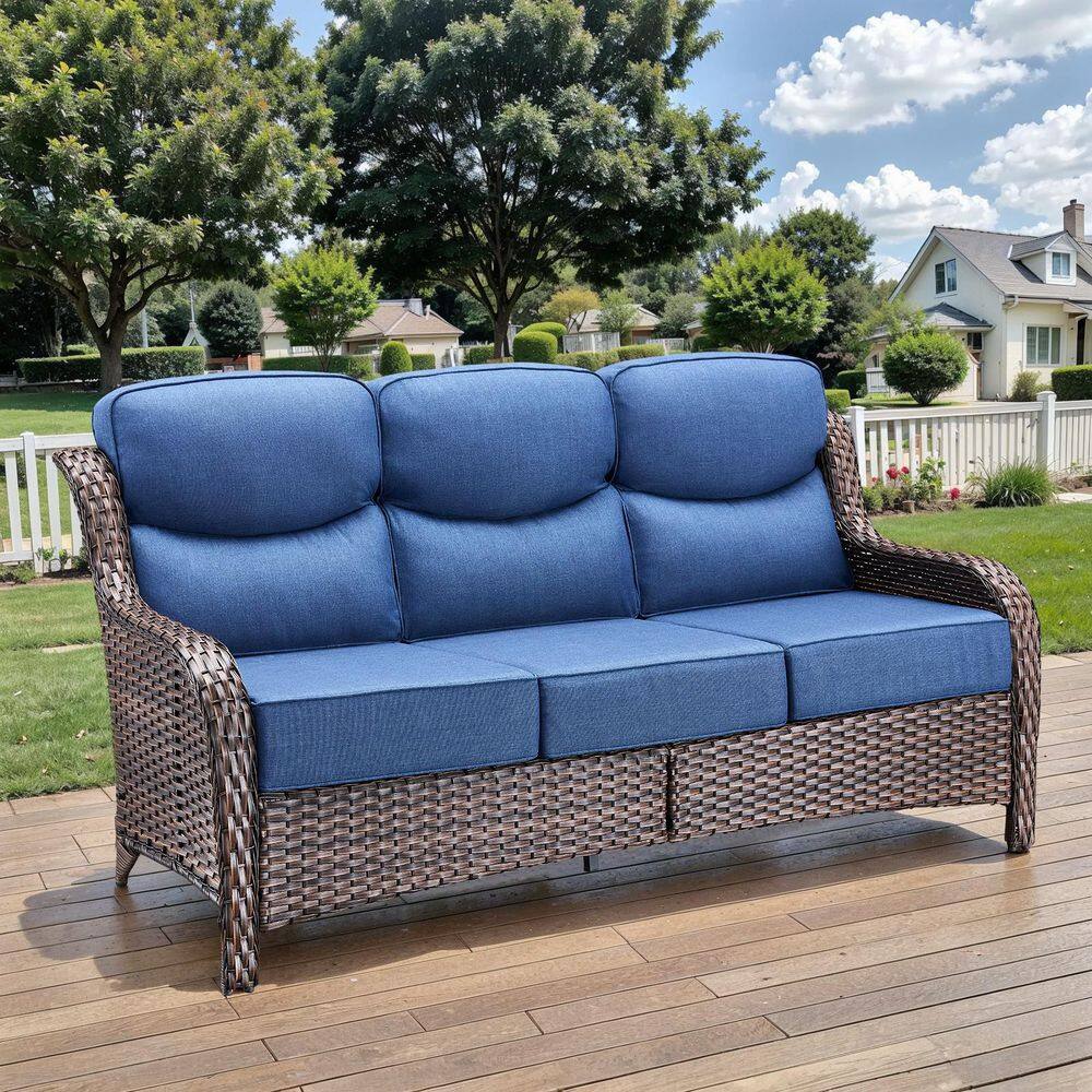 NovaSwivel Brown Wicker Patio Couch, Outdoor Sofa with High Back, and 6 in. Thick Blue Cushions for Backyard, Porch price history on PriceWatchPro