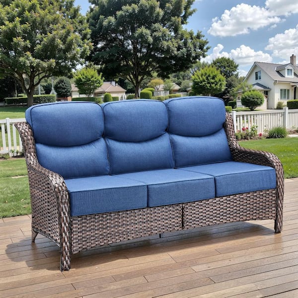 NovaSwivel Brown Wicker Patio Couch, Outdoor Sofa with High Back, and 6 in. Thick Blue Cushions for Backyard, Porch