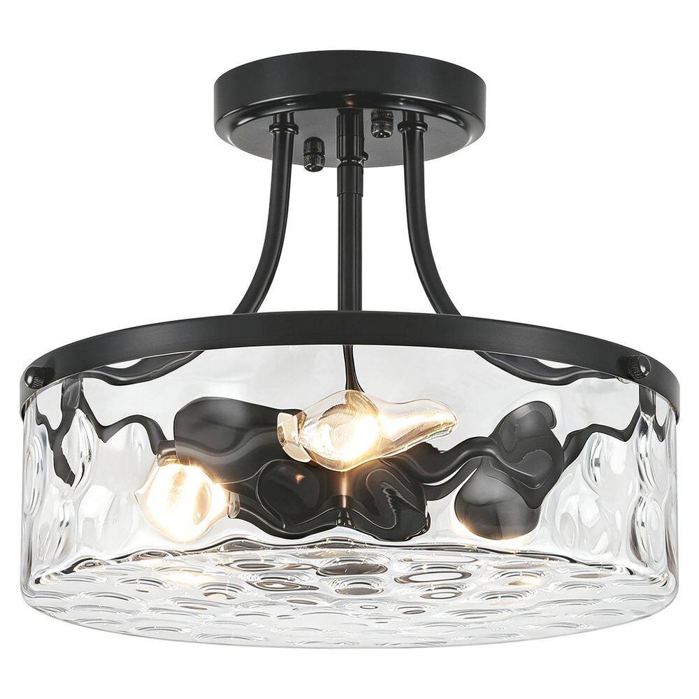 11.81 in. 3-Light Modern Drum Matte Black Semi-Flush Mount Ceiling Light, Water Glass Shade for Dining Room Hallway price history on PriceWatchPro