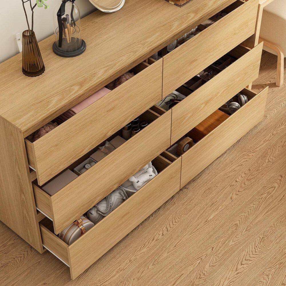 Yellow Wood Grain 6 Drawers 59 in. W Wooden Chest of Drawers, Dresser, Storage Cabinet - thumbnail 8
