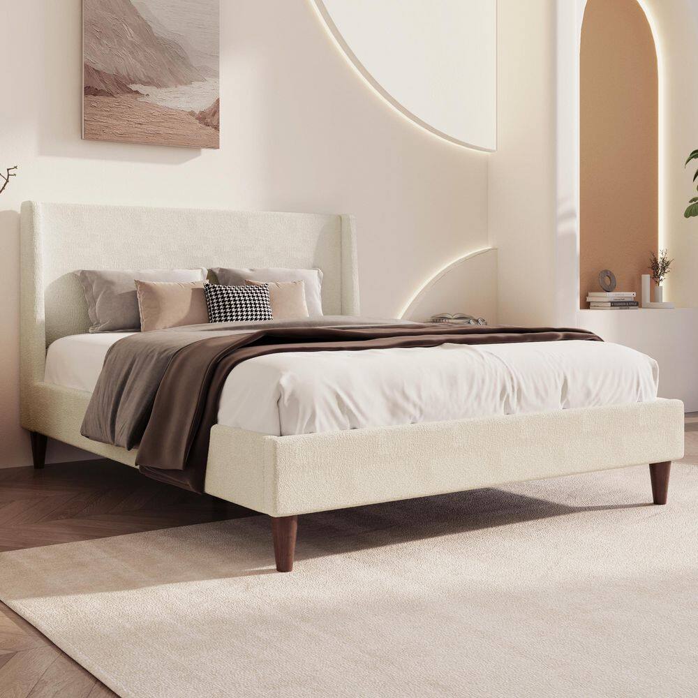 Beige Modern Wood Frame Boucle Fabric Queen Upholstered Platform Bed with Wingback Headboard and Round Rubberwood Legs price history on PriceWatchPro