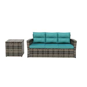 Alpine 2-Piece Rattan Wicker Outdoor Sofa Couch and Side Table Set with Turquoise Cushions