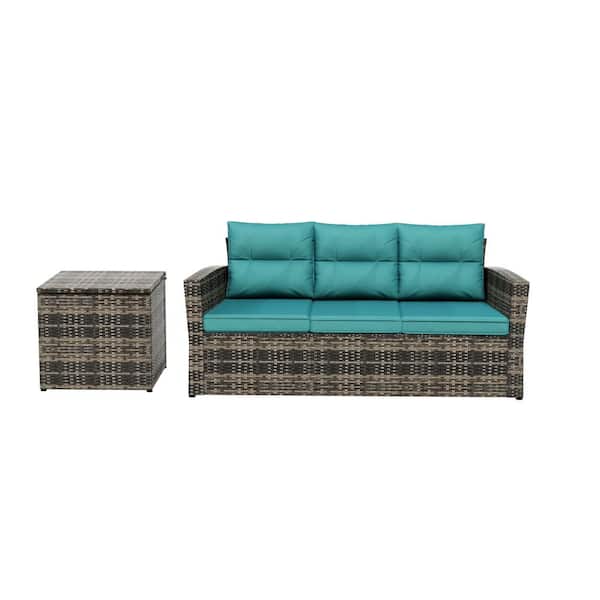 WESTIN OUTDOOR Alpine 2-Piece Rattan Wicker Outdoor Sofa Couch and Side Table Set with Turquoise Cushions