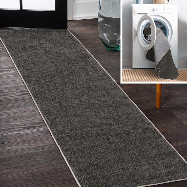 JONATHAN Y Dark Gray 2 ft. x 8 ft. Twyla Classic Solid Low-Pile Machine-Washable Runner Rug