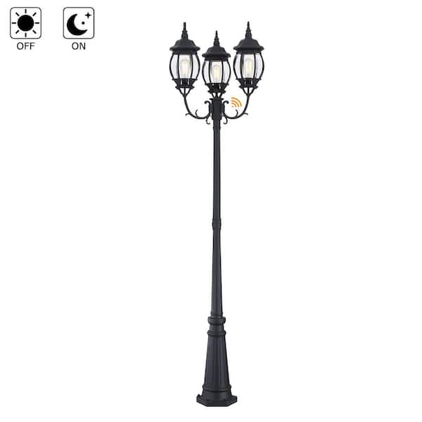 94 in. in 3-Light Matte Black Metal Dusk to Dawn Outdoor Weather Resistant Post Light Set with No Bulbs included