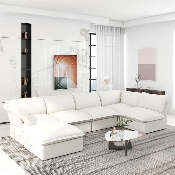 Magic Home 163 in. Flared Arm 6-Piece Linen U-shaped Overstuffed Deep Seat Sectional Sofa Cloud Couch with Storage Ottoman in White