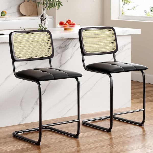 24 in. Black Upholstered Faux Leather Counter Height Bar Stools With Rattan Back (Set of 2)