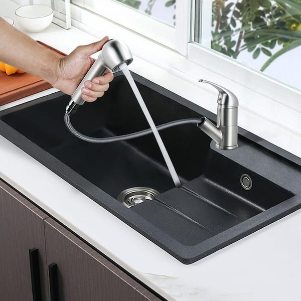 6.8 in. H Single Handle 90 Degree Spout Swivel Pull Out Sprayer Kitchen Faucet with Deckplate in Brushed Nickel