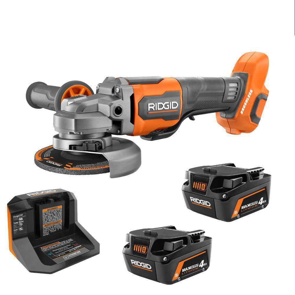 RIDGID 18V MAX Output Starter Kit with (2) 4.0 Ah MAX Output Batteries and Charger with 18V Brushless Angle Grinder AC8609340SB-R86047B
