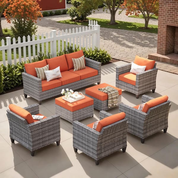 Camden 7-Piece Gray Wicker Outdoor Patio Furniture Patio Conversation Seating Set with Orange Red Cushion and Ottoman