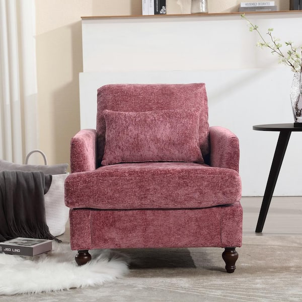 Wine Red Chenille Wood Frame Armchair with Studded for Living Room
